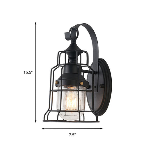 1 Light Bell Shade Sconce Light Industrial Black Seedy Glass Wall Lamp for Corridor with Metal Cage Frame Clearhalo 'Art deco wall lights' 'Cast Iron' 'Glass' 'Industrial wall lights' 'Industrial' 'Middle century wall lights' 'Modern' 'Rustic wall lights' 'Tiffany' 'Traditional wall lights' 'Wall Lamps & Sconces' 'Wall Lights' Lighting' 149923