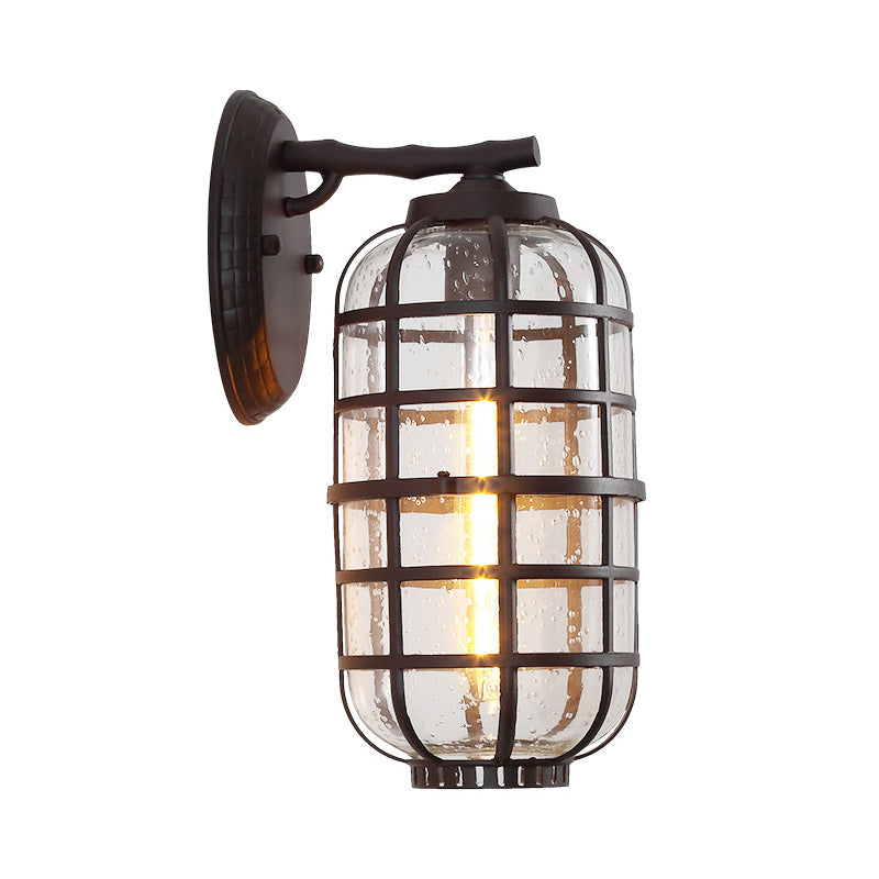 Caged Seedy Glass Wall Mounted Lamp Industrial Single Bulb Outdoor Sconce Light in Black/Bronze, 5.5"/6"/8" Wide Clearhalo 'Art deco wall lights' 'Cast Iron' 'Glass' 'Industrial wall lights' 'Industrial' 'Middle century wall lights' 'Modern' 'Rustic wall lights' 'Tiffany' 'Traditional wall lights' 'Wall Lamps & Sconces' 'Wall Lights' Lighting' 149930