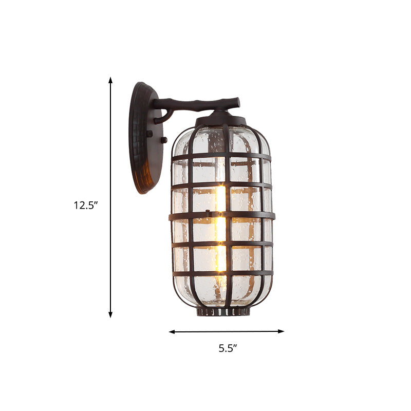 Caged Seedy Glass Wall Mounted Lamp Industrial Single Bulb Outdoor Sconce Light in Black/Bronze, 5.5"/6"/8" Wide Clearhalo 'Art deco wall lights' 'Cast Iron' 'Glass' 'Industrial wall lights' 'Industrial' 'Middle century wall lights' 'Modern' 'Rustic wall lights' 'Tiffany' 'Traditional wall lights' 'Wall Lamps & Sconces' 'Wall Lights' Lighting' 149931
