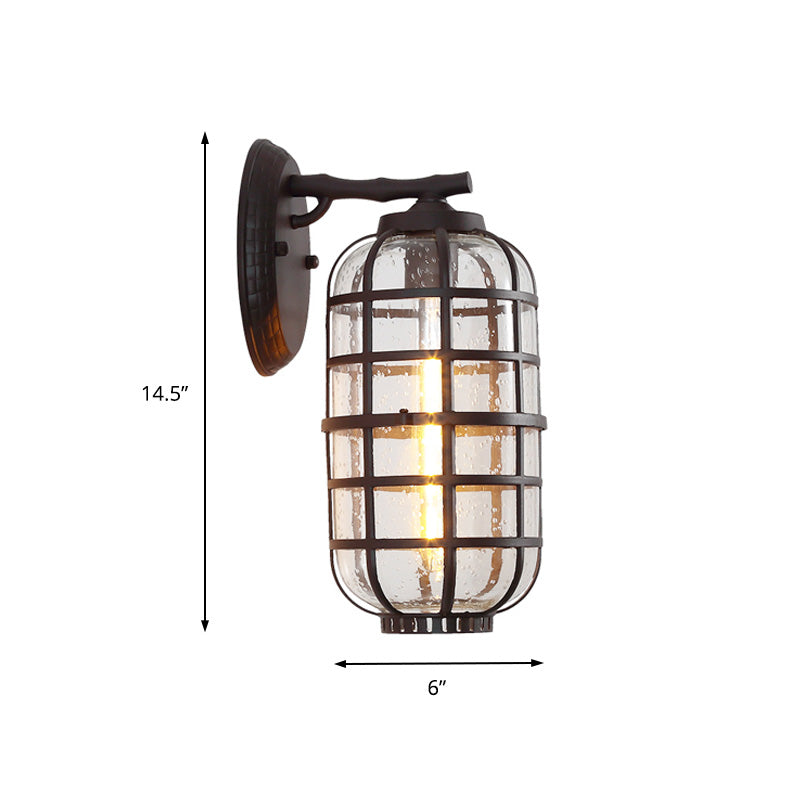 Caged Seedy Glass Wall Mounted Lamp Industrial Single Bulb Outdoor Sconce Light in Black/Bronze, 5.5"/6"/8" Wide Clearhalo 'Art deco wall lights' 'Cast Iron' 'Glass' 'Industrial wall lights' 'Industrial' 'Middle century wall lights' 'Modern' 'Rustic wall lights' 'Tiffany' 'Traditional wall lights' 'Wall Lamps & Sconces' 'Wall Lights' Lighting' 149932