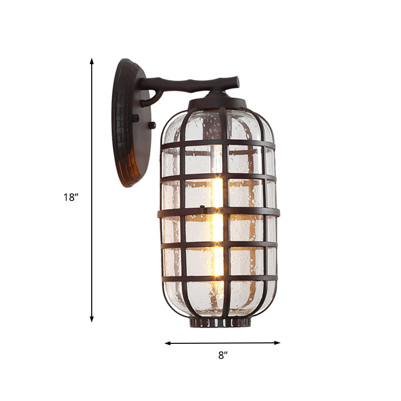 Caged Seedy Glass Wall Mounted Lamp Industrial Single Bulb Outdoor Sconce Light in Black/Bronze, 5.5"/6"/8" Wide Clearhalo 'Art deco wall lights' 'Cast Iron' 'Glass' 'Industrial wall lights' 'Industrial' 'Middle century wall lights' 'Modern' 'Rustic wall lights' 'Tiffany' 'Traditional wall lights' 'Wall Lamps & Sconces' 'Wall Lights' Lighting' 149933