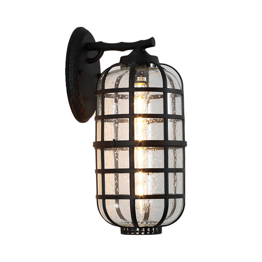 Caged Seedy Glass Wall Mounted Lamp Industrial Single Bulb Outdoor Sconce Light in Black/Bronze, 5.5"/6"/8" Wide Clearhalo 'Art deco wall lights' 'Cast Iron' 'Glass' 'Industrial wall lights' 'Industrial' 'Middle century wall lights' 'Modern' 'Rustic wall lights' 'Tiffany' 'Traditional wall lights' 'Wall Lamps & Sconces' 'Wall Lights' Lighting' 149935