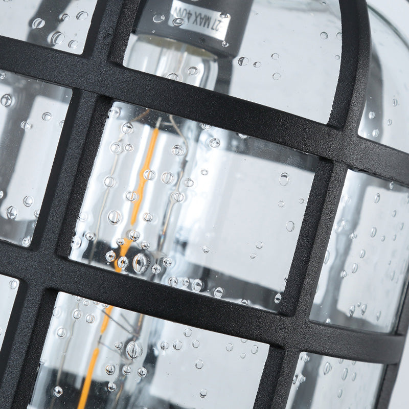 Caged Seedy Glass Wall Mounted Lamp Industrial Single Bulb Outdoor Sconce Light in Black/Bronze, 5.5"/6"/8" Wide Clearhalo 'Art deco wall lights' 'Cast Iron' 'Glass' 'Industrial wall lights' 'Industrial' 'Middle century wall lights' 'Modern' 'Rustic wall lights' 'Tiffany' 'Traditional wall lights' 'Wall Lamps & Sconces' 'Wall Lights' Lighting' 149937