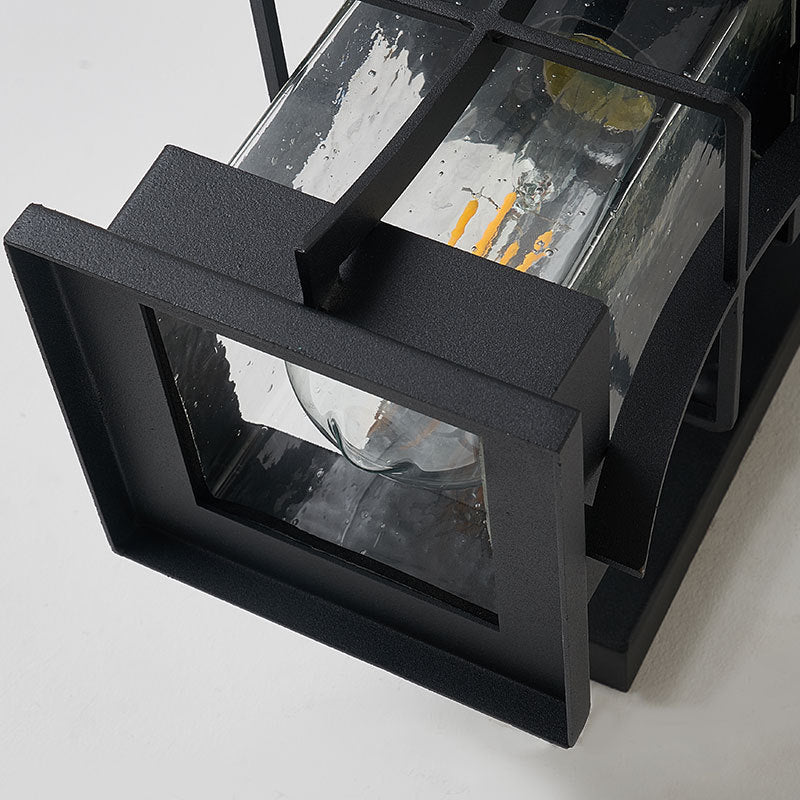 Clear Glass Black Sconce Light Square/Rectangle 1-Light Coastal Wall Lamp Fixture with Iron Cage Clearhalo 'Art deco wall lights' 'Cast Iron' 'Glass' 'Industrial wall lights' 'Industrial' 'Middle century wall lights' 'Modern' 'Rustic wall lights' 'Tiffany' 'Traditional wall lights' 'Wall Lamps & Sconces' 'Wall Lights' Lighting' 149973