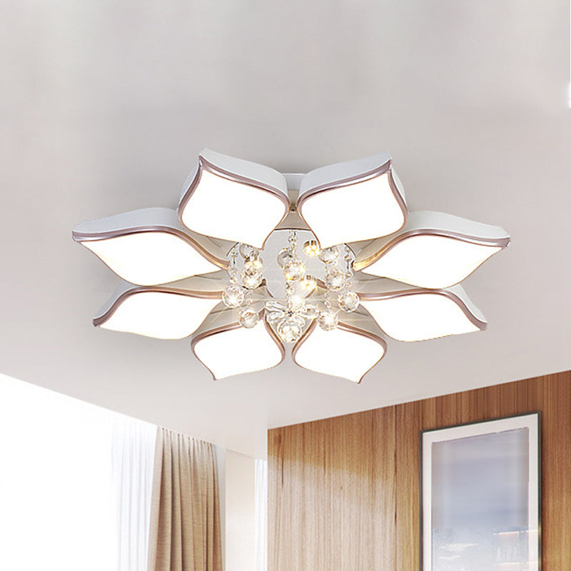 White Blooming Flush Mount Ceiling Modern Acrylic 8/10 Heads Living Room Ceiling Flush Mount with Crystal Drop in Warm Clearhalo 'Ceiling Lights' 'Close To Ceiling Lights' 'Close to ceiling' 'Flush mount' Lighting' 149977