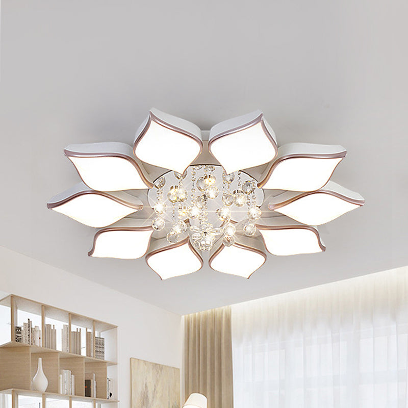White Blooming Flush Mount Ceiling Modern Acrylic 8/10 Heads Living Room Ceiling Flush Mount with Crystal Drop in Warm Clearhalo 'Ceiling Lights' 'Close To Ceiling Lights' 'Close to ceiling' 'Flush mount' Lighting' 149980