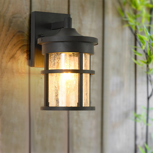 Cylinder Outdoor Wall Light Fixture Vintage Crackle Glass 1 Light Black Sconce Lamp, 6"/8" Wide Black Clearhalo 'Art deco wall lights' 'Cast Iron' 'Glass' 'Industrial wall lights' 'Industrial' 'Middle century wall lights' 'Modern' 'Rustic wall lights' 'Tiffany' 'Traditional wall lights' 'Wall Lamps & Sconces' 'Wall Lights' Lighting' 149994