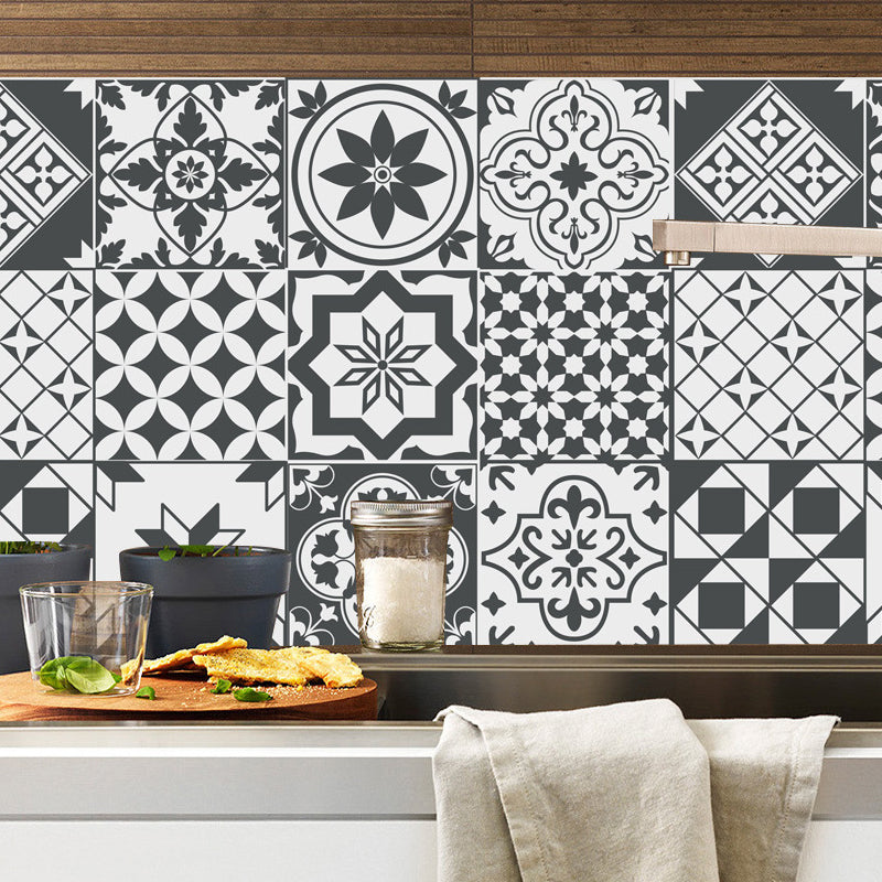 Bohemia Flower Tile Wallpaper Panel Black-White Self Adhesive Wall Art for Kitchen Black-White A Clearhalo 'Wall Decor' 'Wallpaper' 1500930