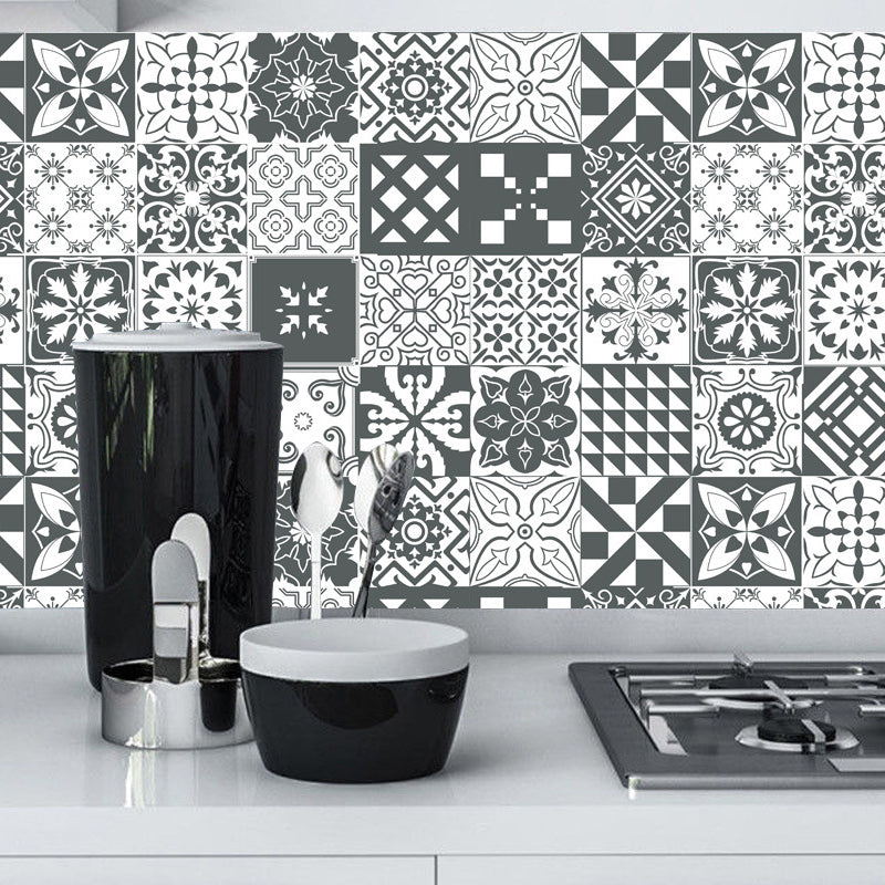 Bohemia Flower Tile Wallpaper Panel Black-White Self Adhesive Wall Art for Kitchen Black-White B Clearhalo 'Wall Decor' 'Wallpaper' 1500935