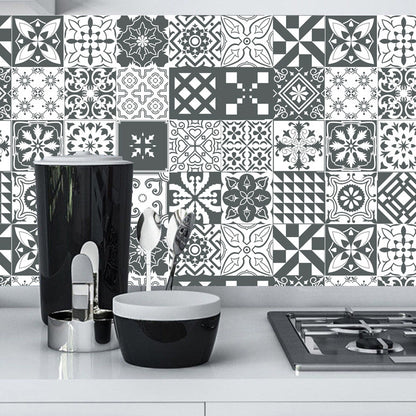 Bohemia Flower Tile Wallpaper Panel Black-White Self Adhesive Wall Art for Kitchen Black-White B Clearhalo 'Wall Decor' 'Wallpaper' 1500935