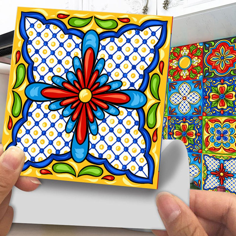 Exotic Tribal Pattern Stick Wallpaper Panel for Kitchen, Red-Yellow-Blue, 8' x 8" Red-Yellow-Blue Clearhalo 'Wall Decor' 'Wallpaper' 1500965