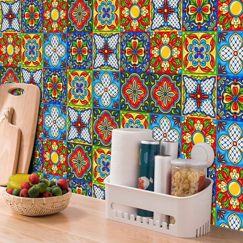 Exotic Tribal Pattern Stick Wallpaper Panel for Kitchen, Red-Yellow-Blue, 8' x 8" Clearhalo 'Wall Decor' 'Wallpaper' 1500967