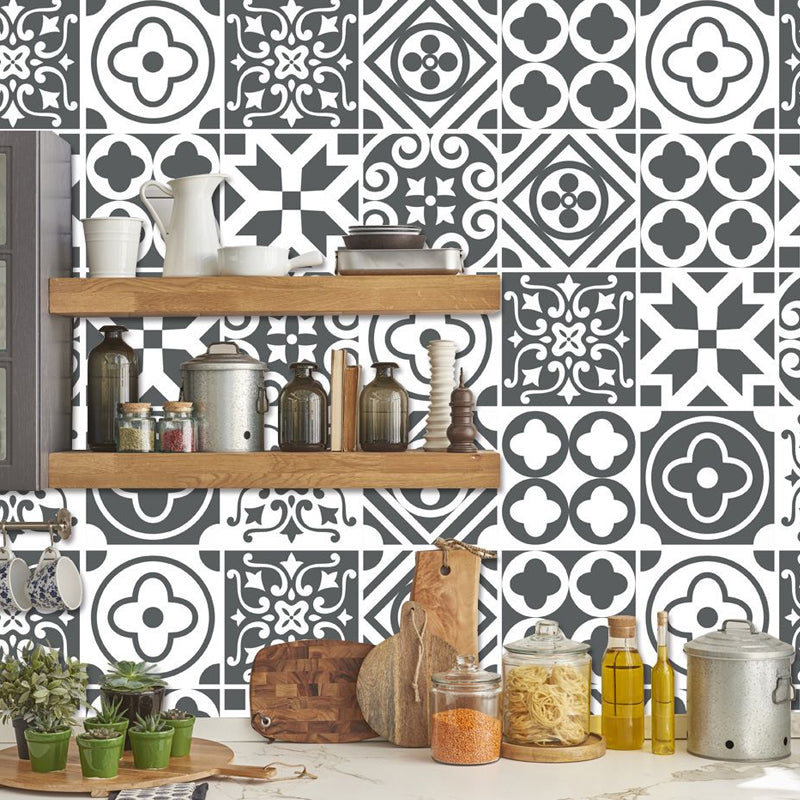 Adhesive Black-White Bohemia Wallpaper Panel 8.6-sq ft Moroccan Tile Wall Art for Home Black-White Clearhalo 'Wall Decor' 'Wallpaper' 1501000