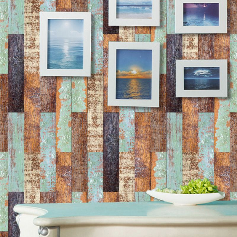 Distressed Shiplap Peel off Wallpaper Panel Orange-Blue Countryside Wall Art for Home Orange-Blue Clearhalo 'Country wall decor' 'Rustic' 'Wallpaper' Wall Decor' 1501149