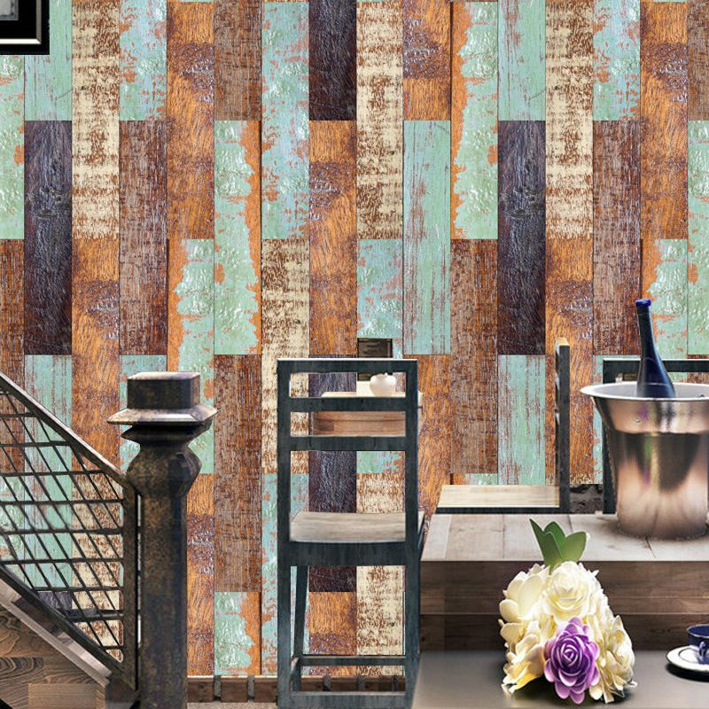 Distressed Shiplap Peel off Wallpaper Panel Orange-Blue Countryside Wall Art for Home Clearhalo 'Country wall decor' 'Rustic' 'Wallpaper' Wall Decor' 1501151