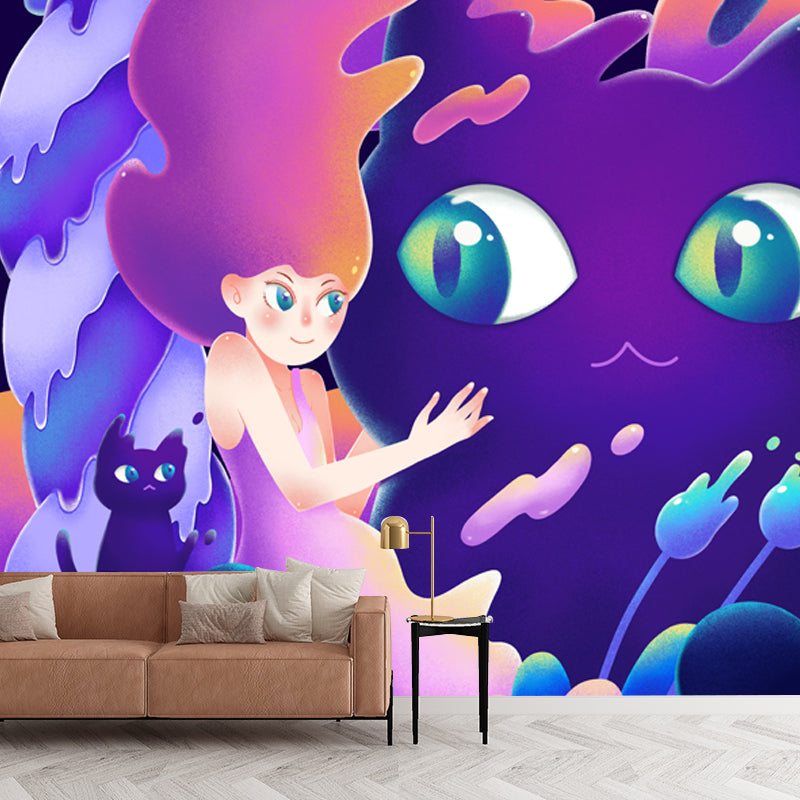 Little Girl and Cat Mural Wallpaper Purple Childrens Art Wall Decoration for Bedroom Purple Clearhalo 'Wall Decor' 'Wall Mural' 1501316