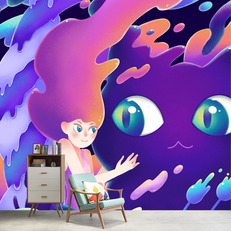 Little Girl and Cat Mural Wallpaper Purple Childrens Art Wall Decoration for Bedroom Clearhalo 'Wall Decor' 'Wall Mural' 1501317