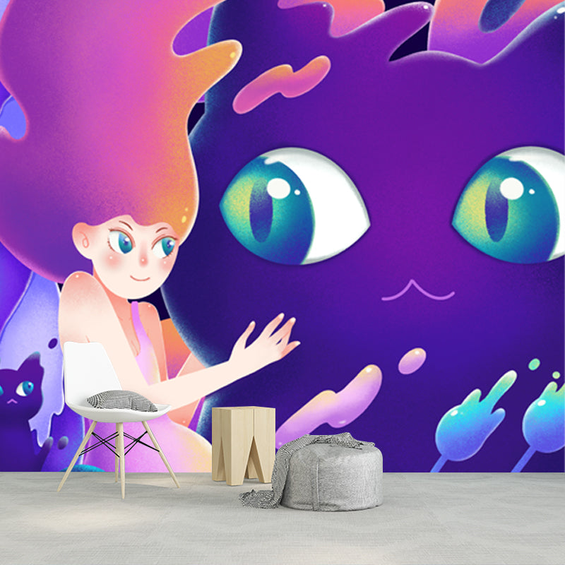 Little Girl and Cat Mural Wallpaper Purple Childrens Art Wall Decoration for Bedroom Clearhalo 'Wall Decor' 'Wall Mural' 1501318