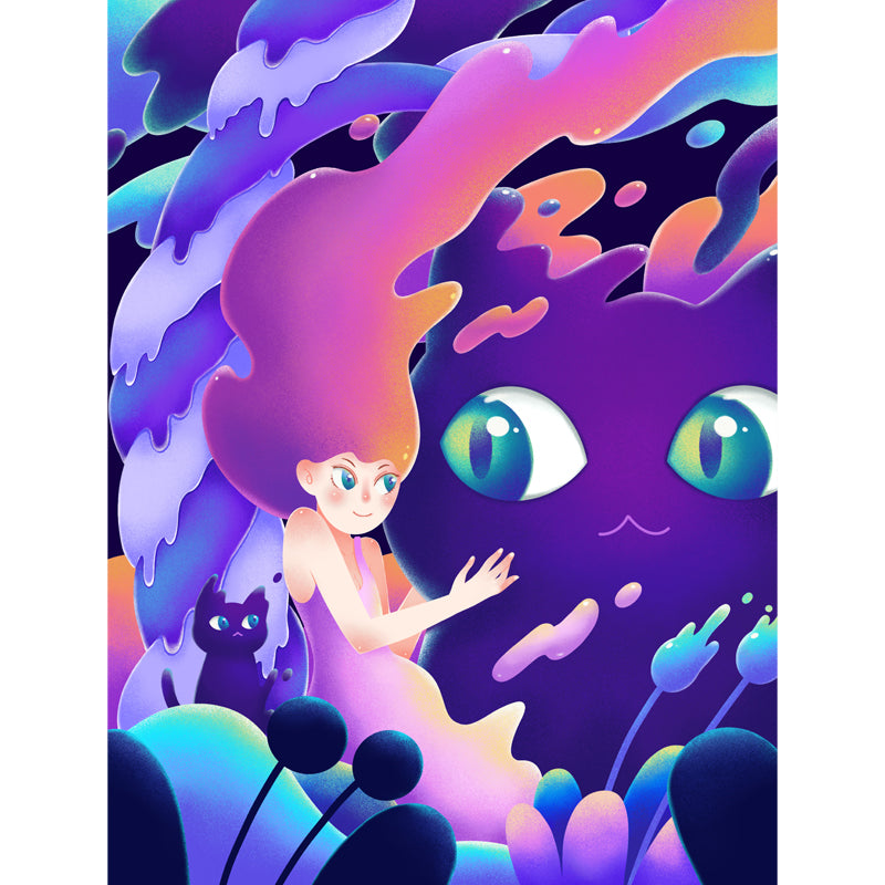 Little Girl and Cat Mural Wallpaper Purple Childrens Art Wall Decoration for Bedroom Clearhalo 'Wall Decor' 'Wall Mural' 1501319