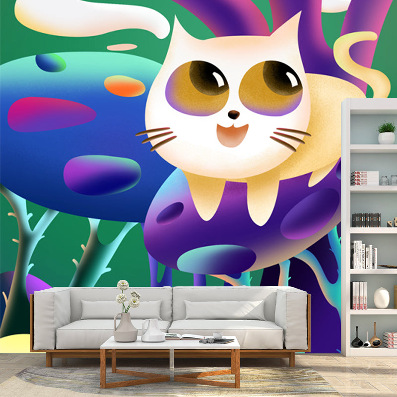 Kids Cat in Wilds Mural for Baby Room Custom Wall Art in Purple, Stain Resistant Purple Clearhalo 'Wall Decor' 'Wall Mural' 1501326