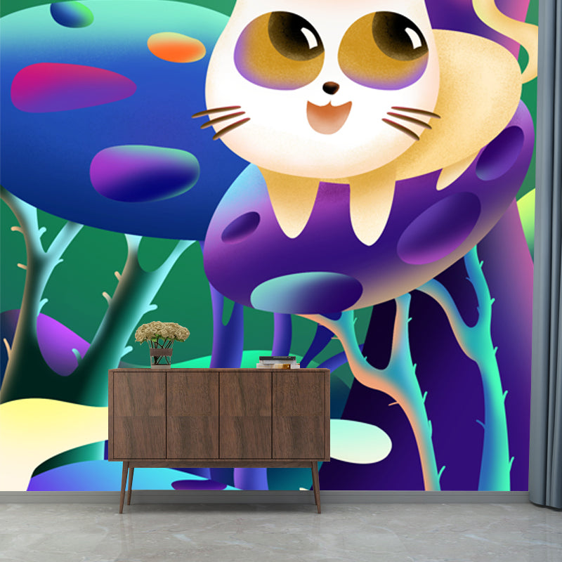 Kids Cat in Wilds Mural for Baby Room Custom Wall Art in Purple, Stain Resistant Clearhalo 'Wall Decor' 'Wall Mural' 1501327