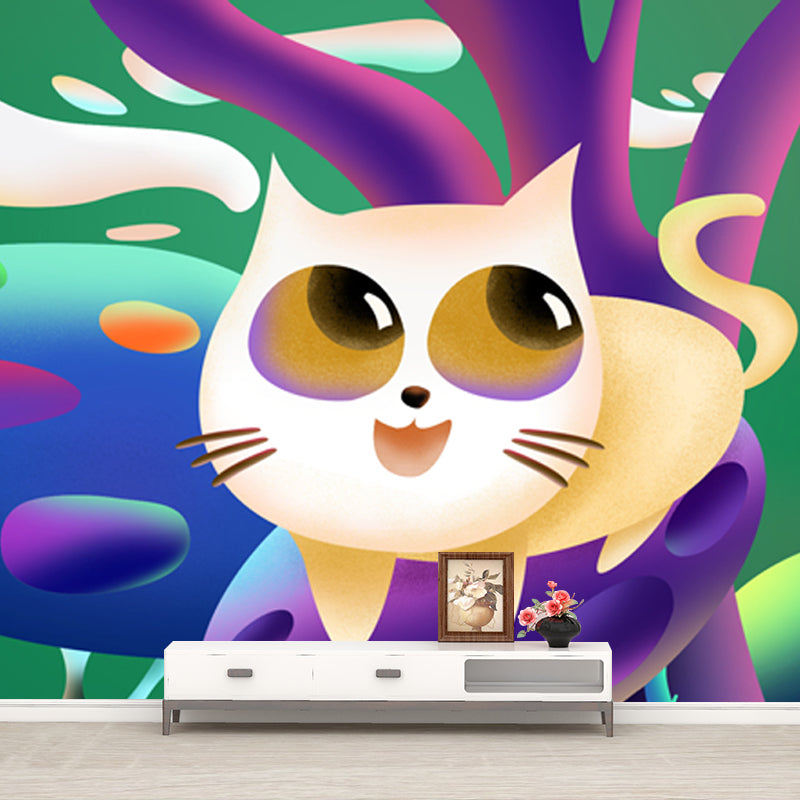 Kids Cat in Wilds Mural for Baby Room Custom Wall Art in Purple, Stain Resistant Clearhalo 'Wall Decor' 'Wall Mural' 1501328