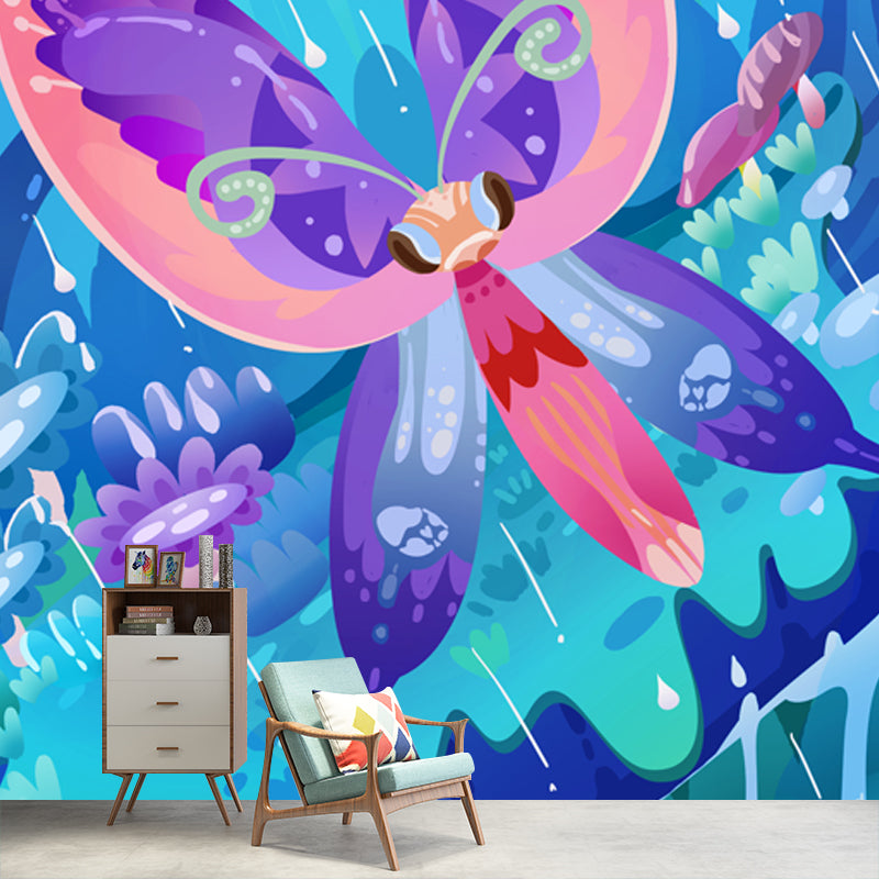 Blue Raining Meadow Wall Mural Butterfly Kids Waterproofing Wall Decor for Bedroom Blue Clearhalo 'Wall Decor' 'Wall Mural' 1501331