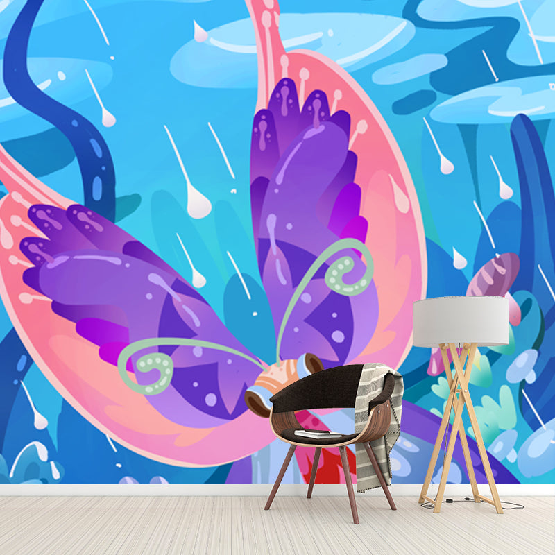 Blue Raining Meadow Wall Mural Butterfly Kids Waterproofing Wall Decor for Bedroom Clearhalo 'Wall Decor' 'Wall Mural' 1501332