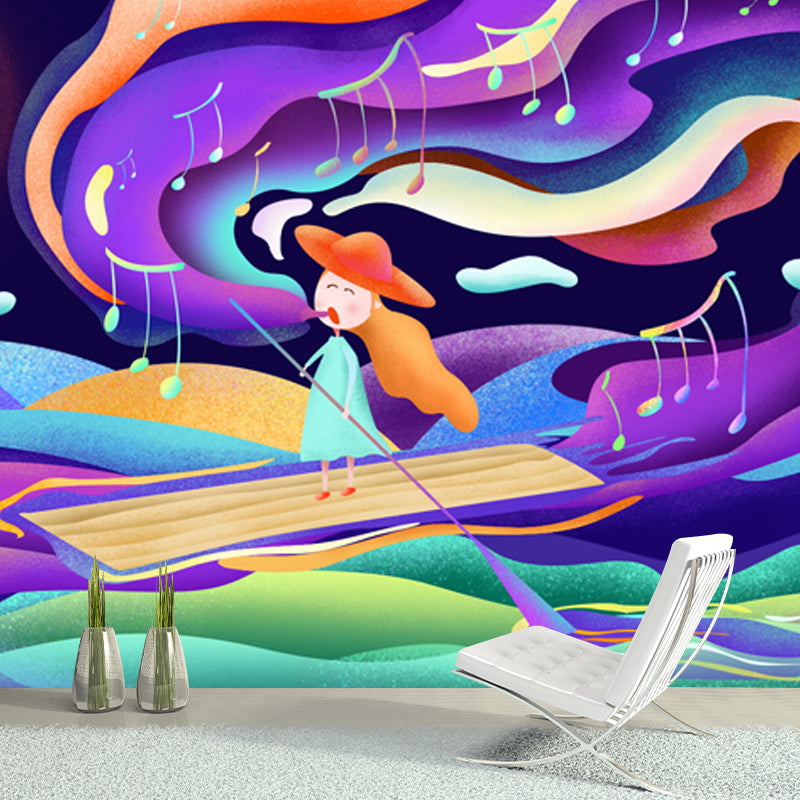 Purple Kids Wall Paper Mural Full Size Girl Singing in Boat at Night Wall Art for Bedroom Purple Clearhalo 'Wall Decor' 'Wall Mural' 1501341