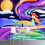 Purple Kids Wall Paper Mural Full Size Girl Singing in Boat at Night Wall Art for Bedroom Clearhalo 'Wall Decor' 'Wall Mural' 1501342