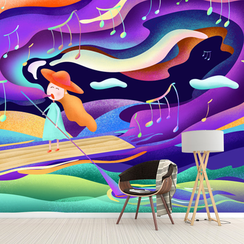 Purple Kids Wall Paper Mural Full Size Girl Singing in Boat at Night Wall Art for Bedroom Clearhalo 'Wall Decor' 'Wall Mural' 1501343