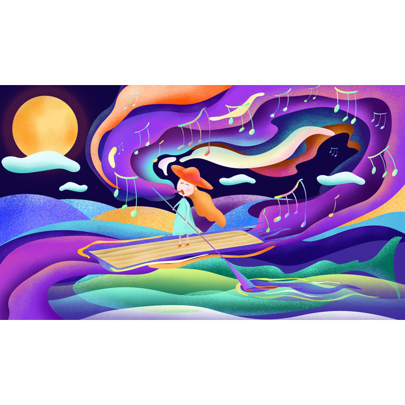 Purple Kids Wall Paper Mural Full Size Girl Singing in Boat at Night Wall Art for Bedroom Clearhalo 'Wall Decor' 'Wall Mural' 1501344