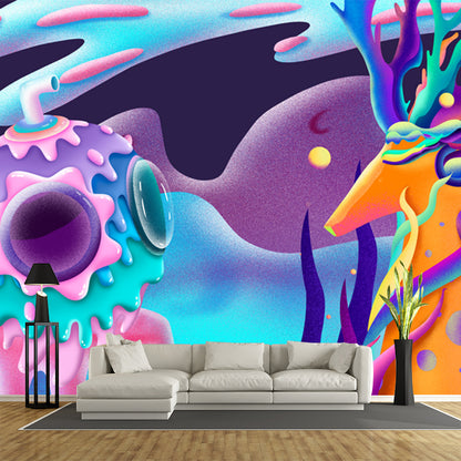 Illustration Deer and Ball Mural for Living Room, Blur-Purple, Personalized Size Blue Clearhalo 'Wall Decor' 'Wall Mural' 1501351