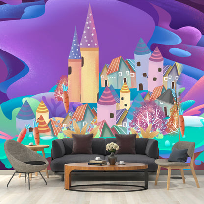 Huge Castle Wall Covering Mural Childrens Art Magical House Wall Decor in Purple Purple Clearhalo 'Wall Decor' 'Wall Mural' 1501356