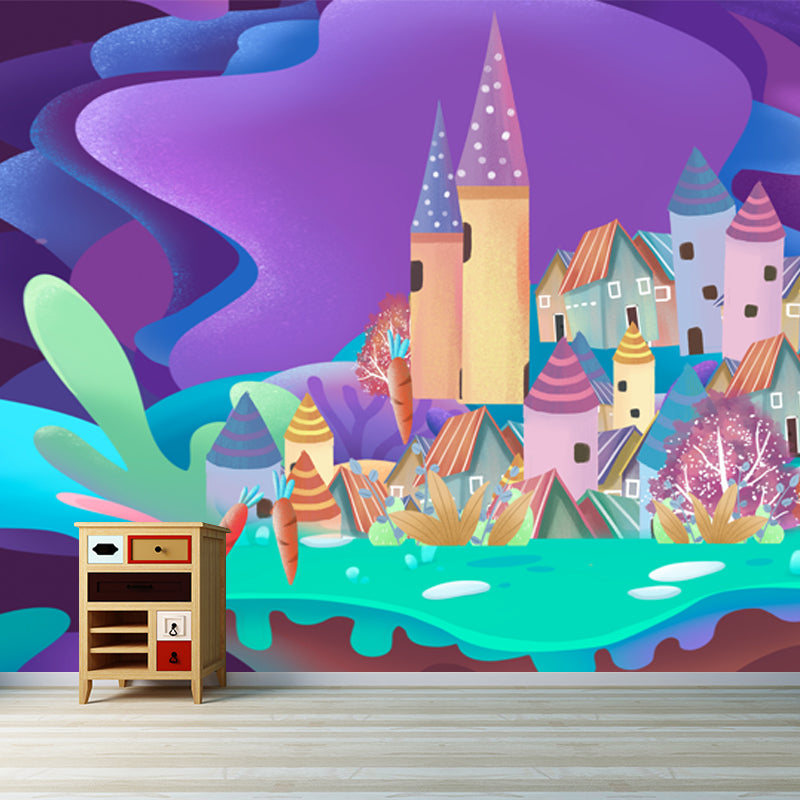 Huge Castle Wall Covering Mural Childrens Art Magical House Wall Decor in Purple Clearhalo 'Wall Decor' 'Wall Mural' 1501357
