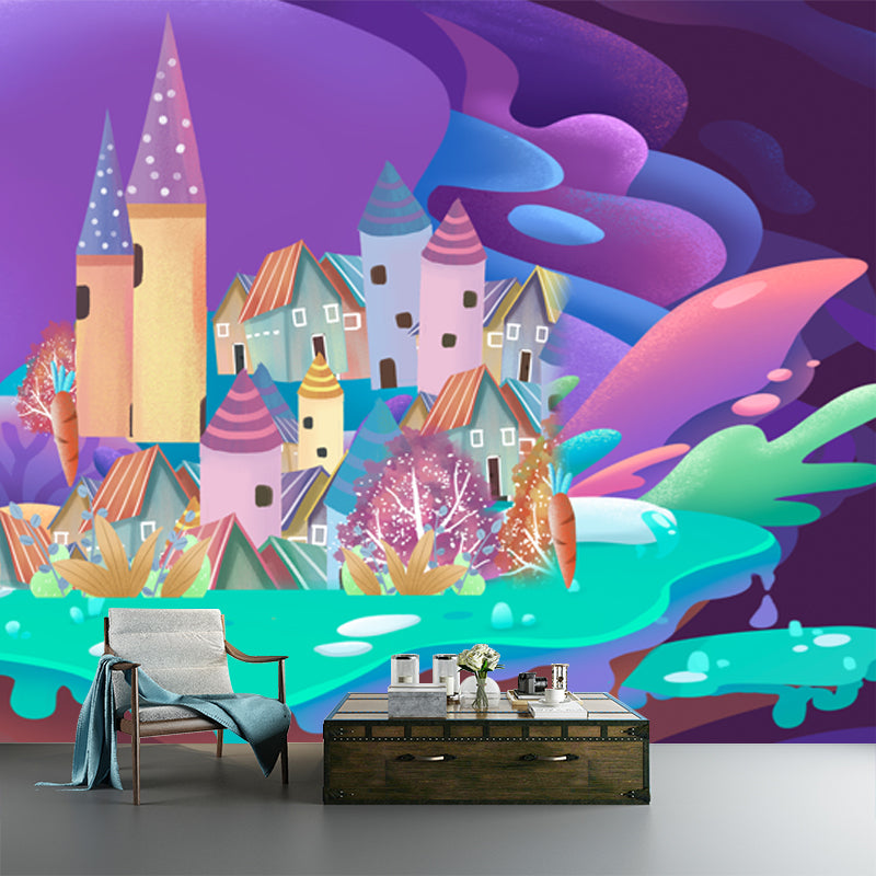 Huge Castle Wall Covering Mural Childrens Art Magical House Wall Decor in Purple Clearhalo 'Wall Decor' 'Wall Mural' 1501358