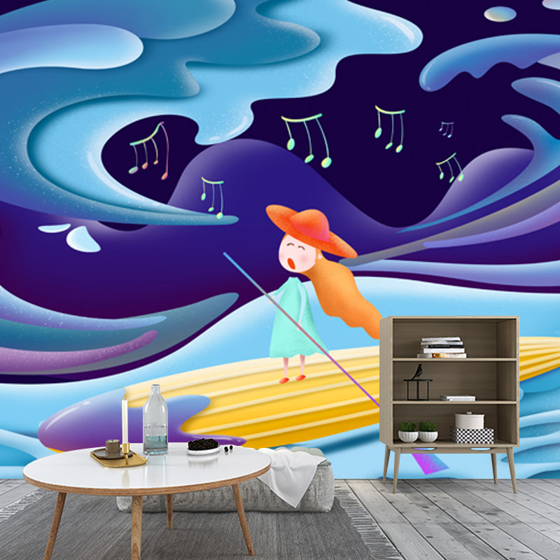 Custom Illustration Childrens Art Mural with Singing Girl Paddling Boat Pattern in Blue Blue Clearhalo 'Wall Decor' 'Wall Mural' 1501361