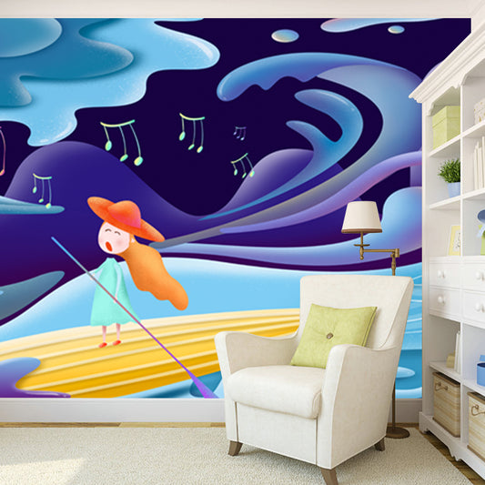 Custom Illustration Childrens Art Mural with Singing Girl Paddling Boat Pattern in Blue Clearhalo 'Wall Decor' 'Wall Mural' 1501362