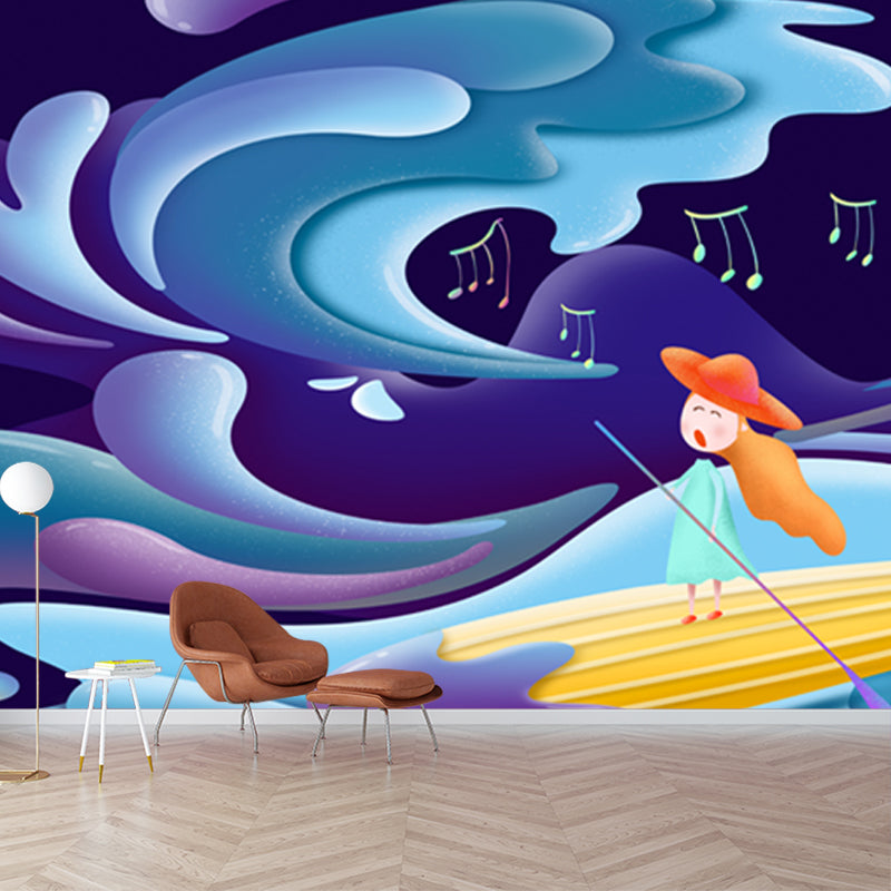 Custom Illustration Childrens Art Mural with Singing Girl Paddling Boat Pattern in Blue Clearhalo 'Wall Decor' 'Wall Mural' 1501363