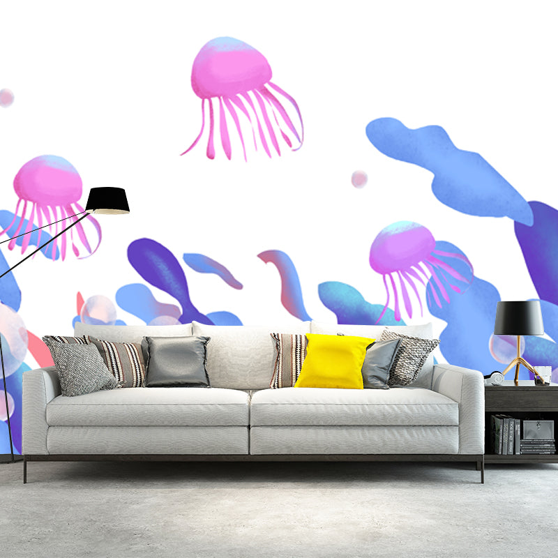 Kids Seaweed and Jellyfish Mural for Bedroom Personalized Wall Decor in Blue-Purple on White White Clearhalo 'Wall Decor' 'Wall Mural' 1501371