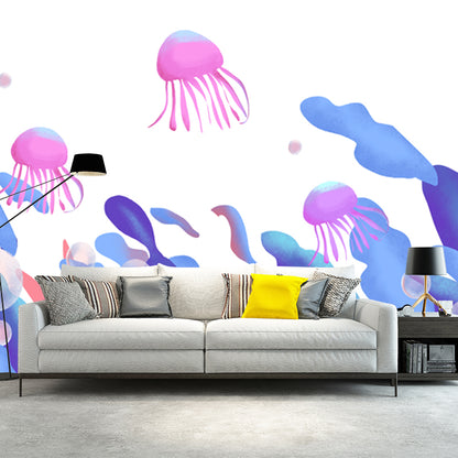 Kids Seaweed and Jellyfish Mural for Bedroom Personalized Wall Decor in Blue-Purple on White White Clearhalo 'Wall Decor' 'Wall Mural' 1501371