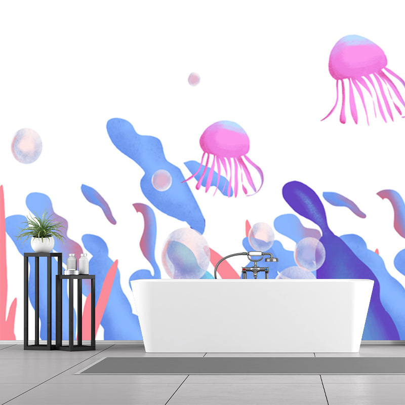 Kids Seaweed and Jellyfish Mural for Bedroom Personalized Wall Decor in Blue-Purple on White Clearhalo 'Wall Decor' 'Wall Mural' 1501372