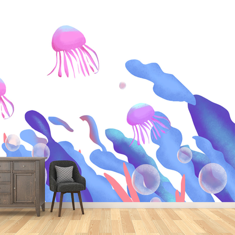 Kids Seaweed and Jellyfish Mural for Bedroom Personalized Wall Decor in Blue-Purple on White Clearhalo 'Wall Decor' 'Wall Mural' 1501373