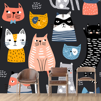 Childrens Art Cat Mural Wallpaper Multicolored Nursery Wall Art on Black, Made to Measure Black Clearhalo 'Wall Decor' 'Wall Mural' 1501376
