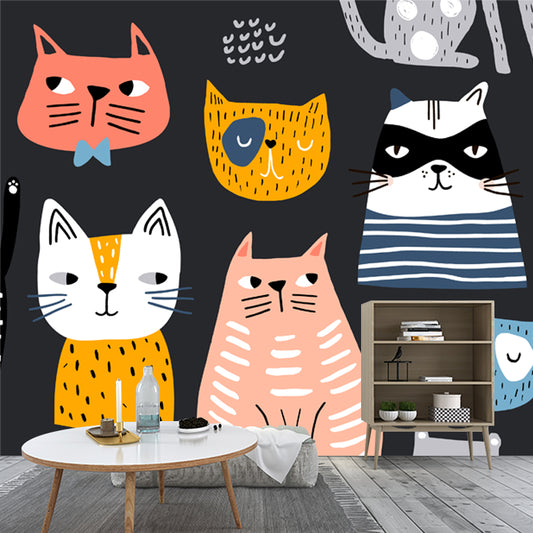 Childrens Art Cat Mural Wallpaper Multicolored Nursery Wall Art on Black, Made to Measure Clearhalo 'Wall Decor' 'Wall Mural' 1501377