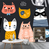 Childrens Art Cat Mural Wallpaper Multicolored Nursery Wall Art on Black, Made to Measure Clearhalo 'Wall Decor' 'Wall Mural' 1501377