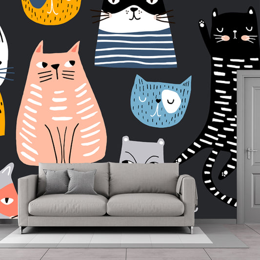 Childrens Art Cat Mural Wallpaper Multicolored Nursery Wall Art on Black, Made to Measure Clearhalo 'Wall Decor' 'Wall Mural' 1501378