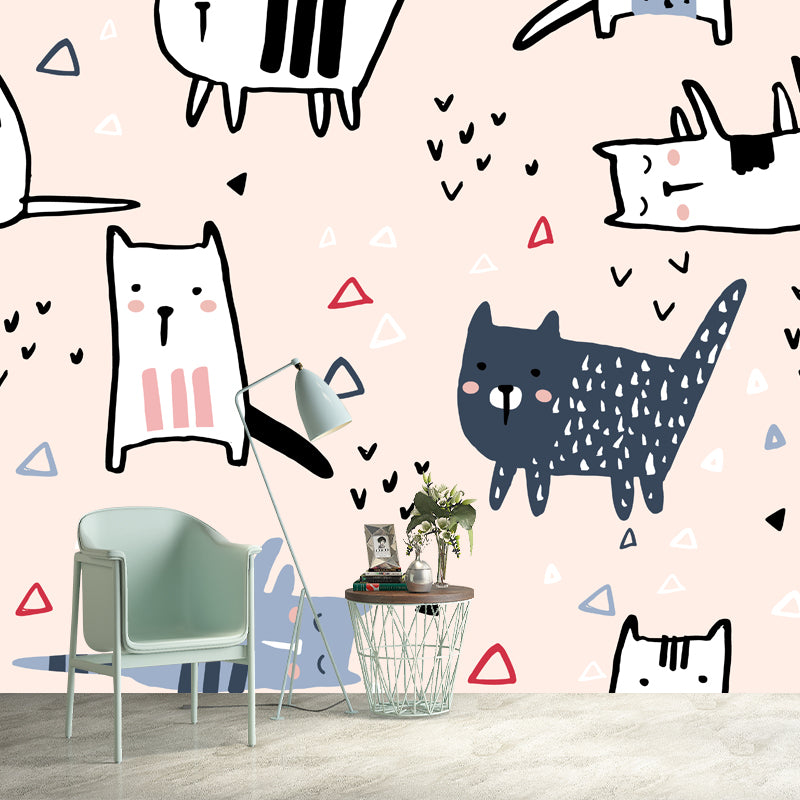 Nude Pink Cartoon Wall Mural Decal Full Size Cat Wall Covering for Childrens Bedroom Nude Pink Clearhalo 'Wall Decor' 'Wall Mural' 1501381