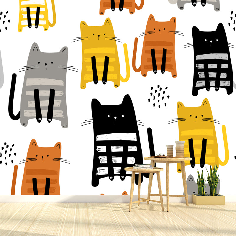 Kids Kitty Wall Paper Mural White Moisture Resistant Wall Art for Nursery, Custom Size White Clearhalo 'Wall Decor' 'Wall Mural' 1501391