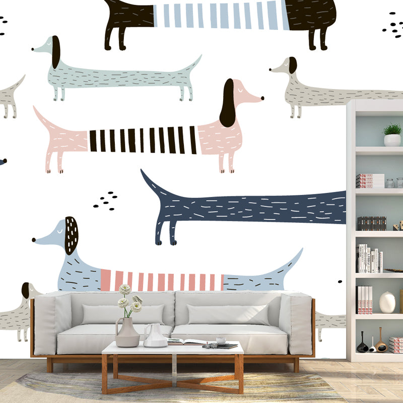 Pink-Blue Dog Mural Wallpaper Animal Pattern Kids Stain Resistant Wall Covering for Home White Clearhalo 'Wall Decor' 'Wall Mural' 1501401